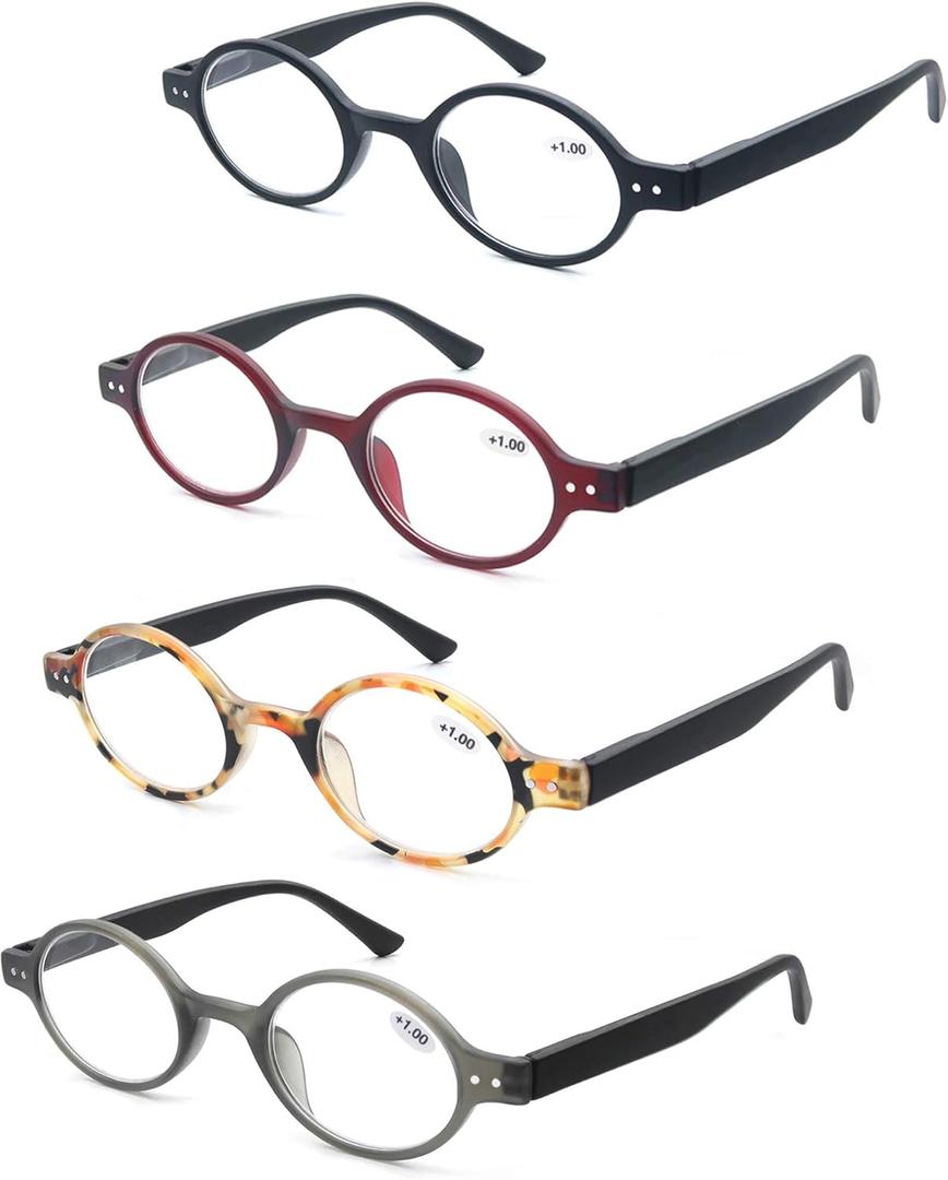 MODFANS 4 Pack Round 2.0 Reading Glasses Women Men,Retro Matte Frame Comfortable Spring Hinge-Lightweightest Readers Suitable Wear well-4 Pouch with Each Area