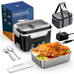 EAST OAK Heated Lunch Box Battery Powered with Automatic Heating, Cordless Heatable Lunchbox for Adults, 1.3L Portable Food Warmer with Insulated Carry Bag