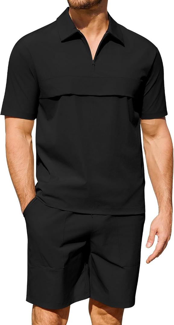 Uni Clau Men's Summer Outfits 2 Piece Quick Dry Sets Short Sleeve Shirt and Shorts Vacation Quarter Zip Polo Shirt for Men (Black, XXL)