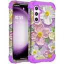 SleekCover for Galaxy S24 Plus Case, 3 in 1 Oil Painting Flower Pattern Heavy Duty Shockproof Protection Silicone Rubber Bumper+Hard Plastic Protective Cover for Samsung S24 Plus 6.7", Purple/ Pink