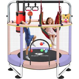 55" Indoor & Outdoor Trampoline for Kids with Enclosure, Toddler Trampoline with Adjustable Gymnastics Bar & Toys, No-Gap Safety Design