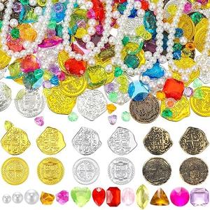 Hanaive 319 Pcs Pirate Treasure Gold Fake Coins Plastic Gems and Jewels Playset Party Decor Treasure for Pirates Themed Adventures Summer Pool Party Coins(Irregular and Round)