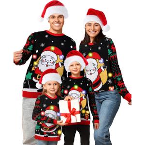 Cozypower Light up Ugly Family Christmas Sweater Funny Xmas Holiday Pullover with Christmas Hat (Large, Santa Claus)
