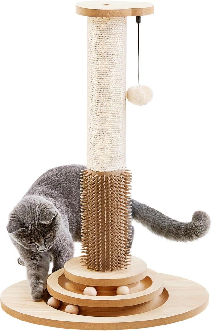 Made4Pets 23" Tall Sisal Cat Scratcher Post with Self Groomer, 4-in-1 Interactive Trackball Toys, Vertical Climbing Tree with Dangling Balls (23"H)