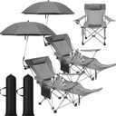 Colingmill 2 Pack Reclining Camping Chairs with 2 Umbrellas, Folding Beach Chairs with Footrest, Headrest, Cup Holder, 4-Position Adjustable Backrest Lounger for Lawn Outdoor, Picnic(Grey)