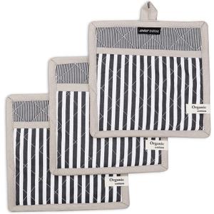 AMOUR INFINI Pot Holders Heat Resistant Cotton Set of 3 Nonslip 8"x8" Inch Hot Pads for Kitchen, BBQ, Baking & Cooking with Hanging Loops (Stripe Charcoal)