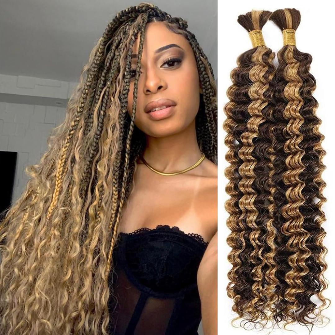 Braiding Human Hair P4/27 Omber Deep Wave Human Hair Bulk 16 Inch Omber Chocolate Light Brown Unprocessed Quick Weave Soft Sewn In Hair Extensions for Black Women