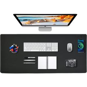 Desk Mat Wireless Charging Mouse Pad Large 32x16 Journey Desk Pad Mat with Wireless Charger Waterproof Black Leather Computer Mat with Phone Charger Mousepad Non-Slip for Keyboard and Mouse (Right)