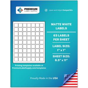Premium Label Supply White Sticker Square Labels – 1" x 1" – Laser/ Inkjet Compatible – (63 per Sheet), 25 Sheets – 1575 Total Adhesive Labels