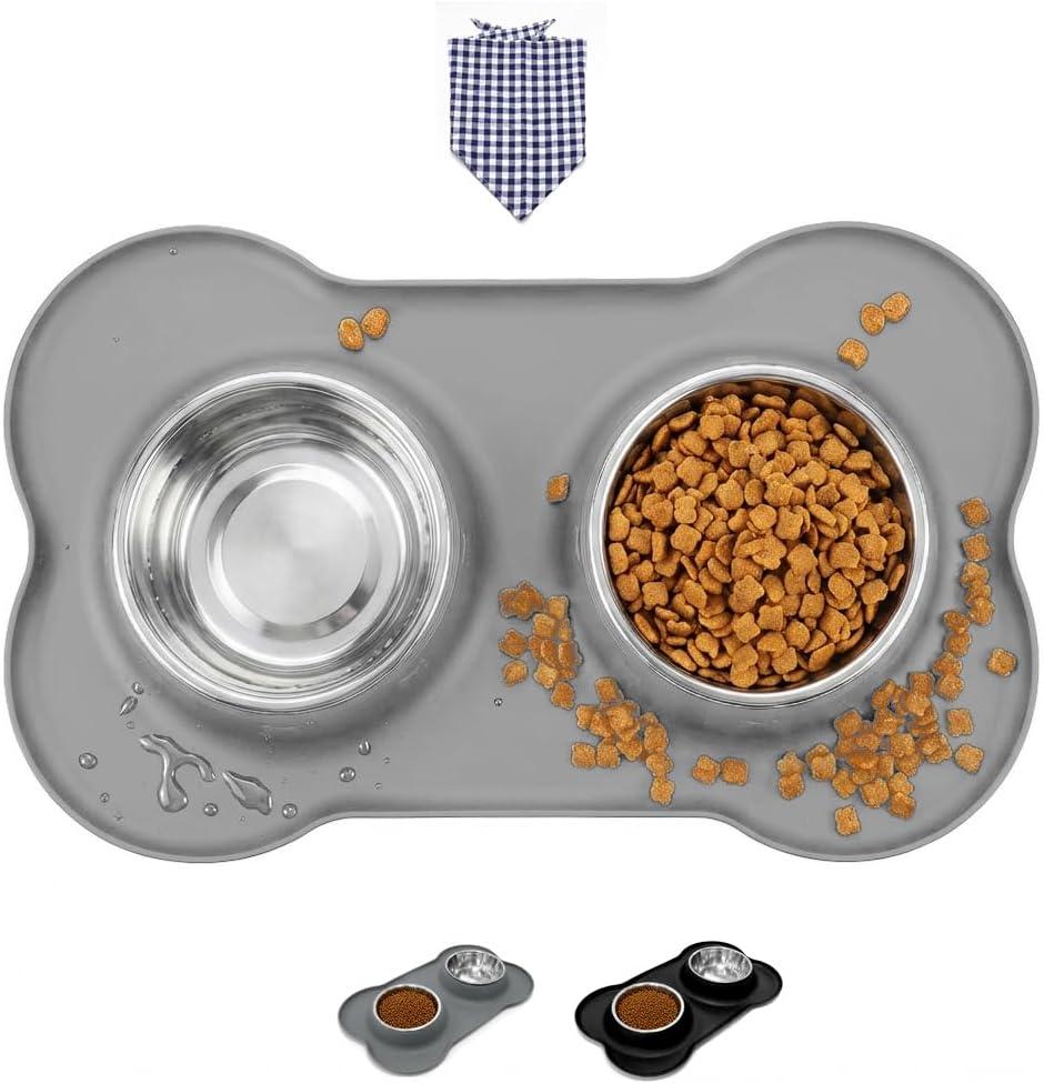 Double Stainless Steel Dog Bowls with Non-Slip Silicone Mat,Pets Food Bowl Set, Non-Slip & Dishwasher Safe, Small Dog Bowls for Puppies & Cats, Suitable for Tiny Pets Under 8lbs,Extra Small,Grey