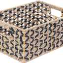 Rectangle Hand Weaved Wicker Baskets made of Water Hyacinth | Nesting Black and Natural Seagrass Bins | Set of 2