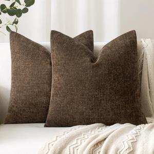 Woaboy Set of 2 Textured Throw Pillow Covers Decorative Soft Accent Square Chenille Pillowcases Neutral Farmhouse Modern Home Decor for Couch Sofa Bedroom Living Room 20x20 Inch, Brown Chocolate