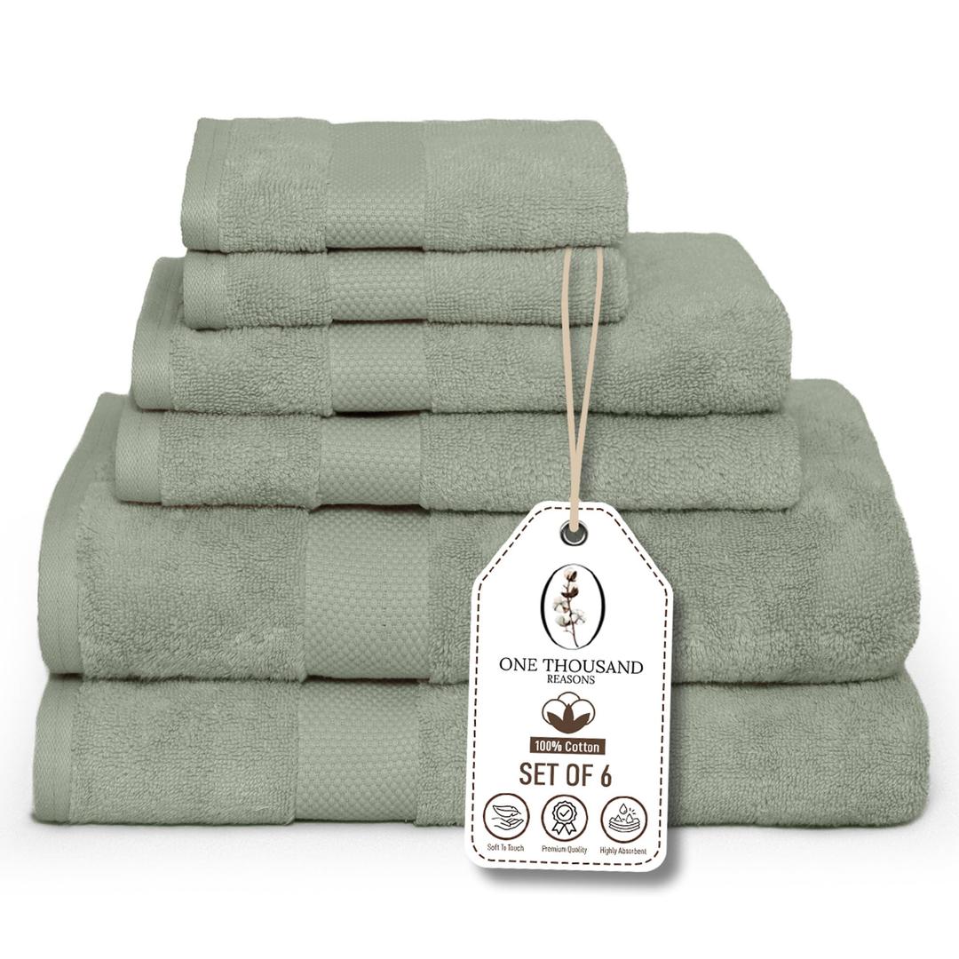 Premium Staple Cotton Bathroom Towel Set - Sage Green 600 GSM 6-Piece Luxury Bath Towel Set 1 Stripe - 2 Bath Towels, 2 Hand Towels & 2 Washclothes Set - High Absorbent & Quick Dry for Gym, Spa, Hotel