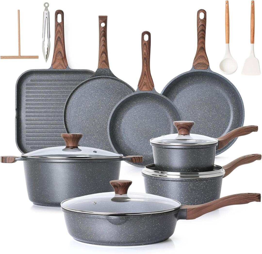 SENSARTE Nonstick Granite Cookware Set, 23 PCS Pots and Pans Non Toxic, PFOA & PFOS Free, Healthy Non Stick Granite Stone Coating Kitchen Cooking Set with Stay-Cool Handles, Gray, Large