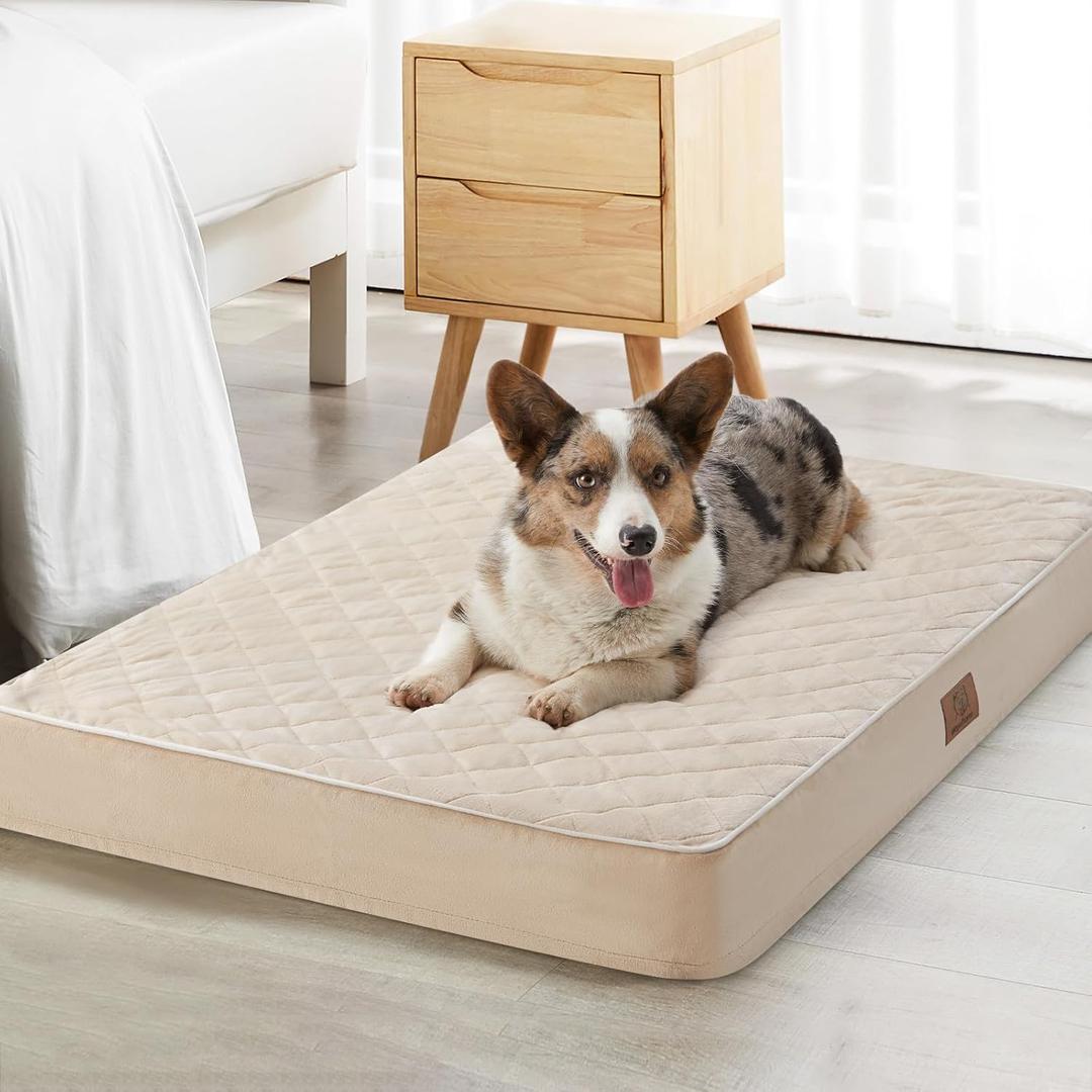WNPETHOME Orthopedic XL Dog Beds Large Sized Dog, Waterproof Extra Large Dogs Bed with Removable Washable Cover, Multi-Needle Quilting Dogs Crate Bed (Beige)