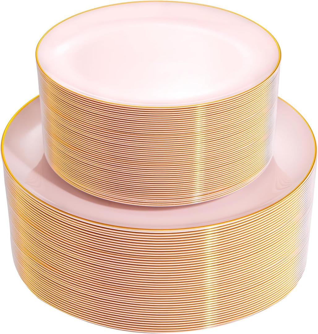 PULOTE 100PCS Pink Plastic Plates - Heavy Duty Pink and Gold Disposable Plates for Party, Wedding & Mothers Day, Include 50 Dinner Plates and 50 Dessert Plates