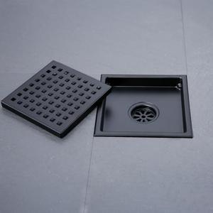 Square Shower Drain 6", SUS 304 Stainless Steel Floor Drain with Grid Drain Cover & Hair Strainer, Matte Black