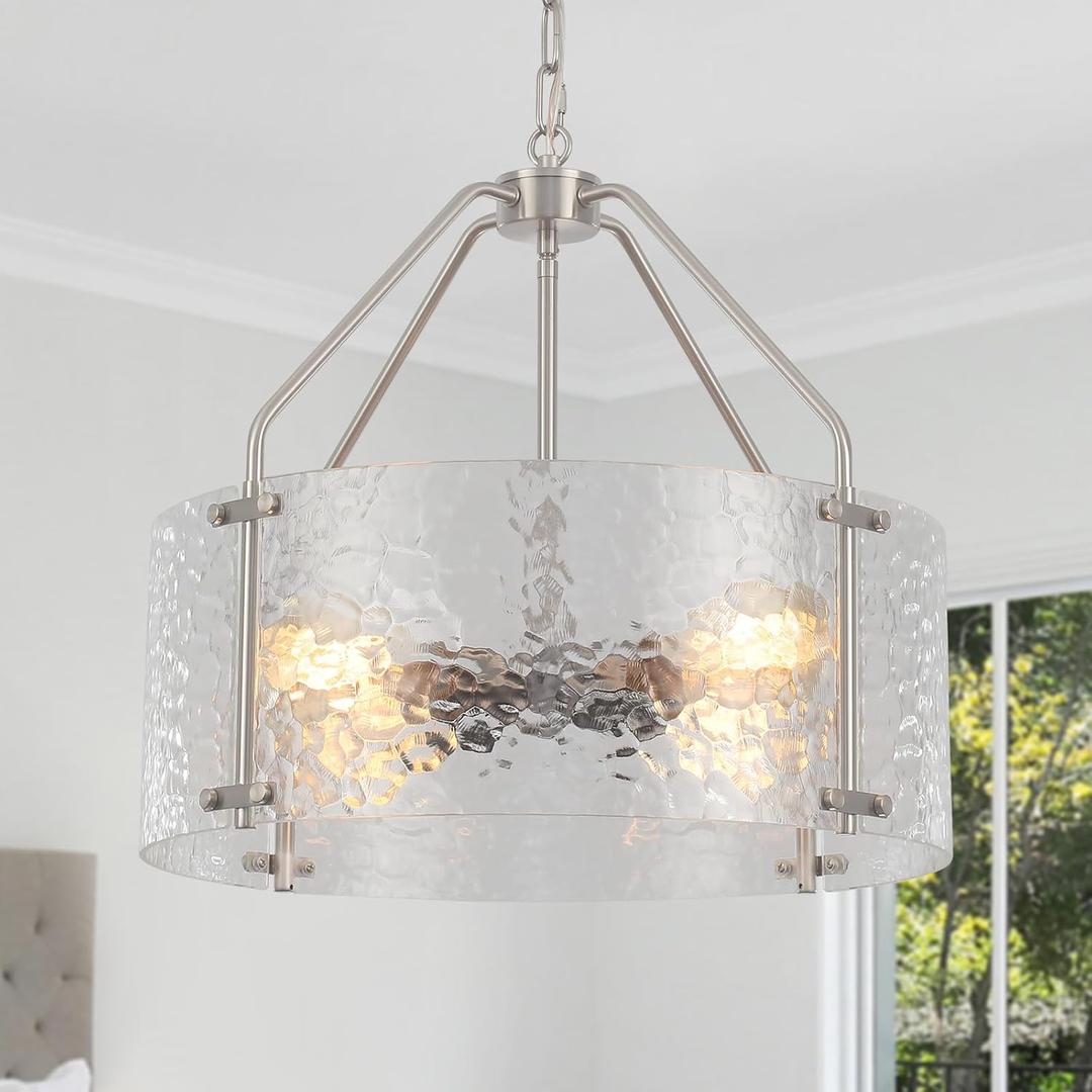 Glass Drum Chandelier for Dining Room 18'' Brushed Nickel Entryway Light Fixture 4-Light Kitchen Chandeliers Over Table Bedroom Light Fixture for Living Room Hallway Foyer Kitchen (17.72", Silver)