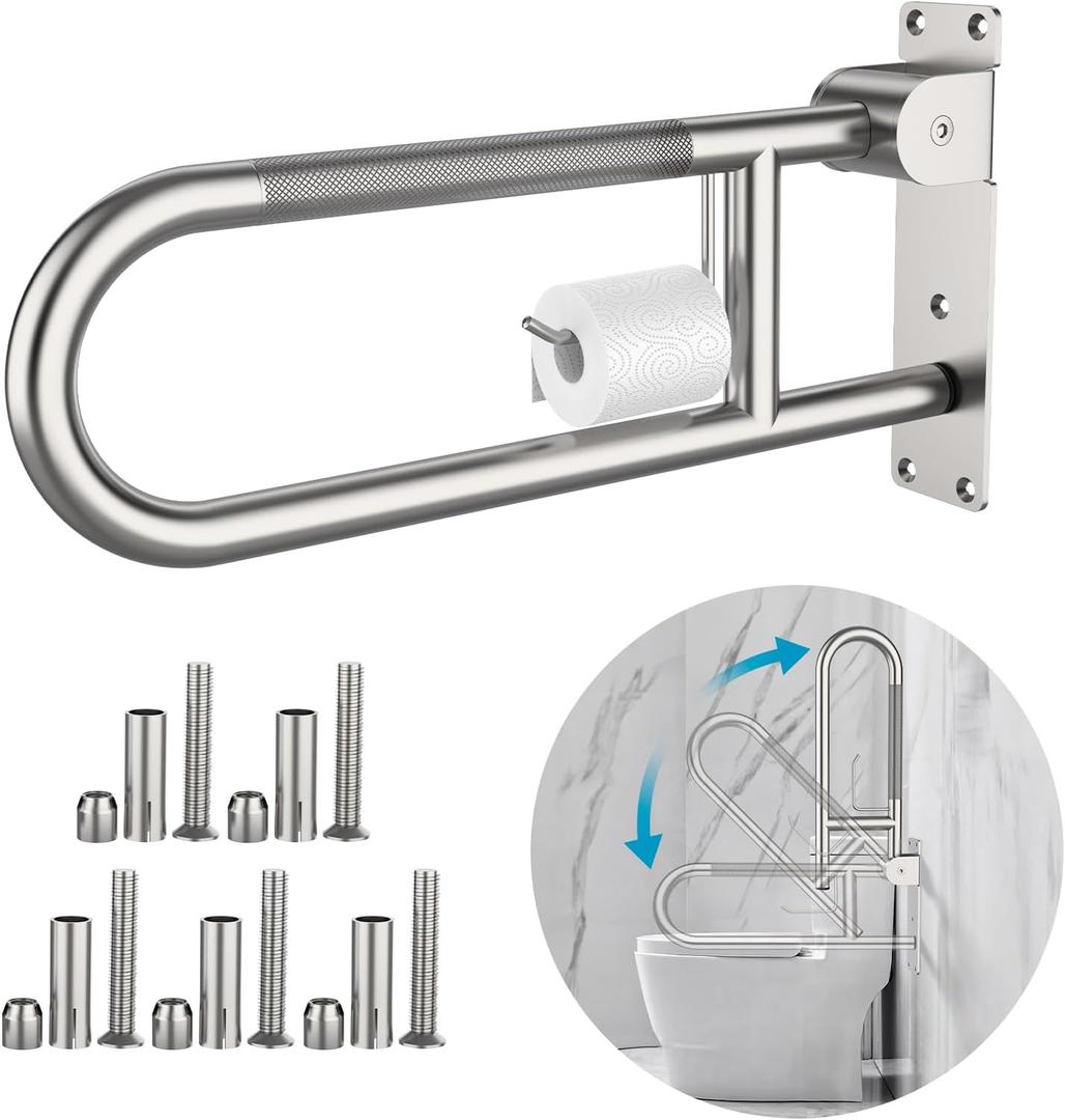 Toilet Grab Bar 22.4 Inch, Munzong Anti-Slip Handicap Grab Bars with Paper Holder, Flip-Up Bathroom Toilet Safety Rails, Stainless Steel Knurled Support handrails for Seniors Elderly Disabled Pregnant (Satin Nickel)