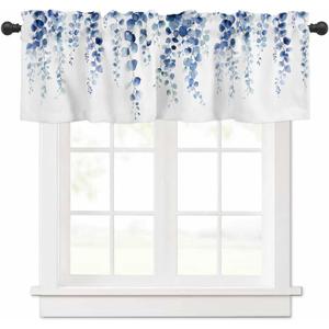 Blue Eucalyptus Leaves Valance Curtain , Watercolor Blue Ombre Eucalyptus Leaves Spring Window Treatment for Kitchen, Dark Blue Leaf Rod Pocket Curtain for Bathroom Living Room 42" W x 12" L