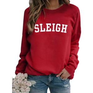 MNLYBABY Sleigh Christmas Sweatshirt Women Merry Christmas Holiday Crewneck Long Sleeve Shirts Funny Xmas Pullover Top (Large, Red)