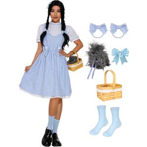 GERVAISE Womens Blue Plaid Dress Halloween Costume Outfit 8pcs Accessories Full Set