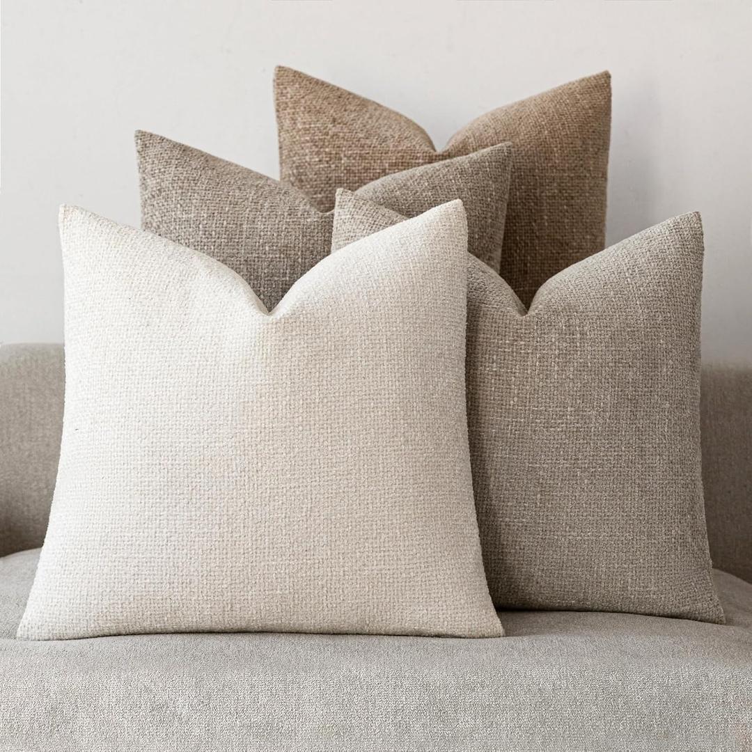 18x18 Chenille Throw Pillow Covers, Pack of 4, Neutral Beige/Coffee Series