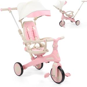 Toddler Bike, Tricycle for Toddlers 1-3, 6 in 1 Kids Baby Trike with Adjustable Push Handle and Canopy, Rotatable Seat, Safety Harness, Storage, Toddler Stroller Bike for 10 Months+, Pink