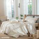 MooMee Striped Duvet Cover Set 100% Washed Cotton Linen Like Textured Breathable Durable Soft Comfy (Almond Milk Grey Pinstripes, Full 80"x90")