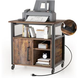 Lateral File Cabinet, Locking Office Filing Cabinets with Socket and USB Charging Port,printer cart with storageModern Rolling Printer Stand with Storage for Printer Scanner FaxBrown