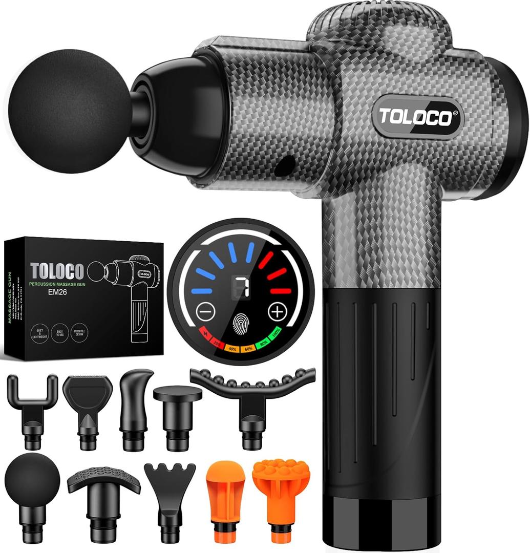 TOLOCO Massage Gun, Deep Tissue Back Massage for Athletes for Pain Relief, Percussion Massager with 10 Massages Heads & Silent Brushless Motor, Carbon TOLOCO Massage Gun, Deep Tissue Back Massage for Athletes for Pain Relief, Percussion Massager with 10 Massages Heads & Silent Brushless Motor, Carbon
