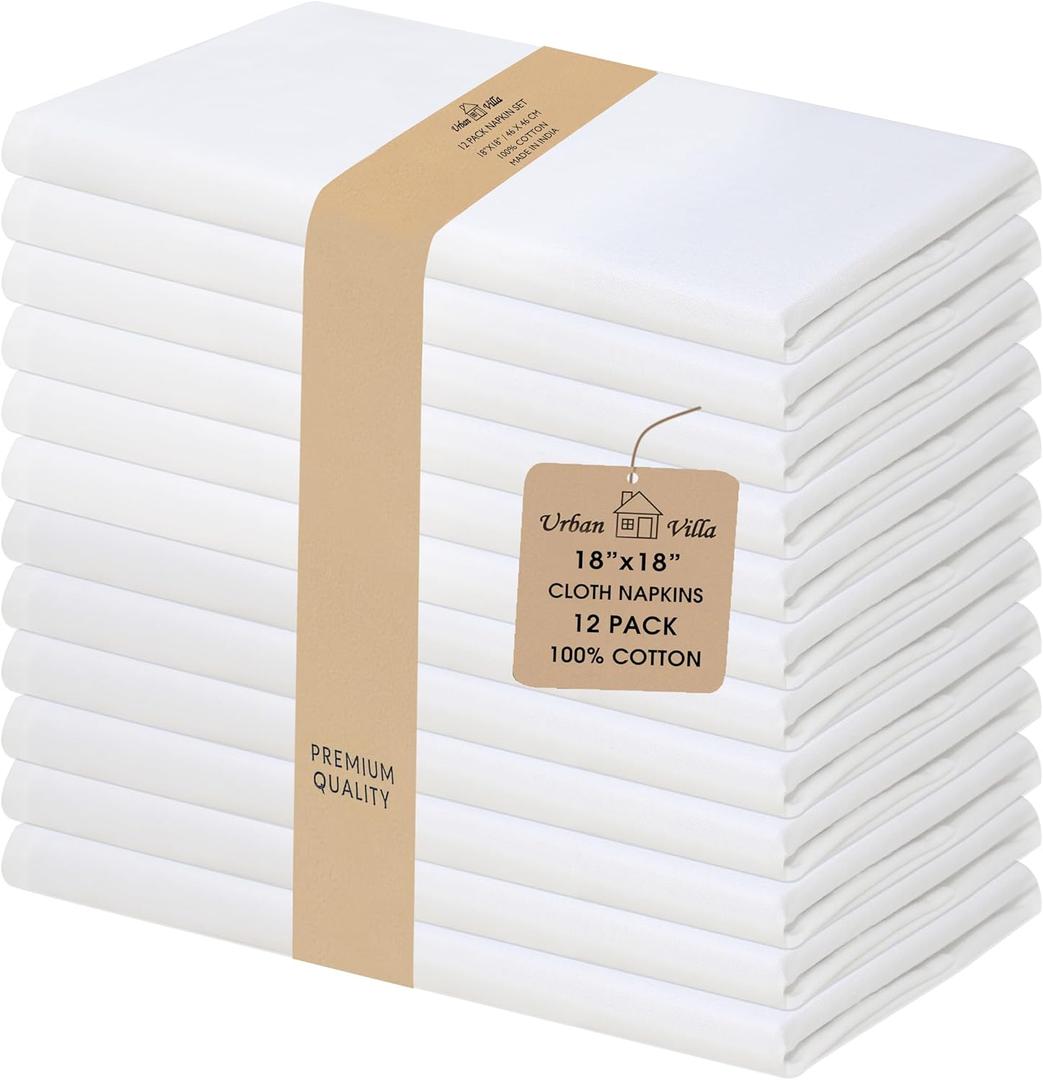 Urban Villa Cloth Napkins 100% Cotton Highly Absorbent Washable Durable Reusable Premium Dinner Napkins Ideal for Gifts for Mothers Day Hotel Farmhouse Parties - White (18" x 18", Set of 12)
