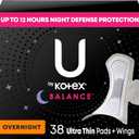 U by Kotex Balance Ultra Thin Pads with Wings, Overnight Absorbency, 38 Count