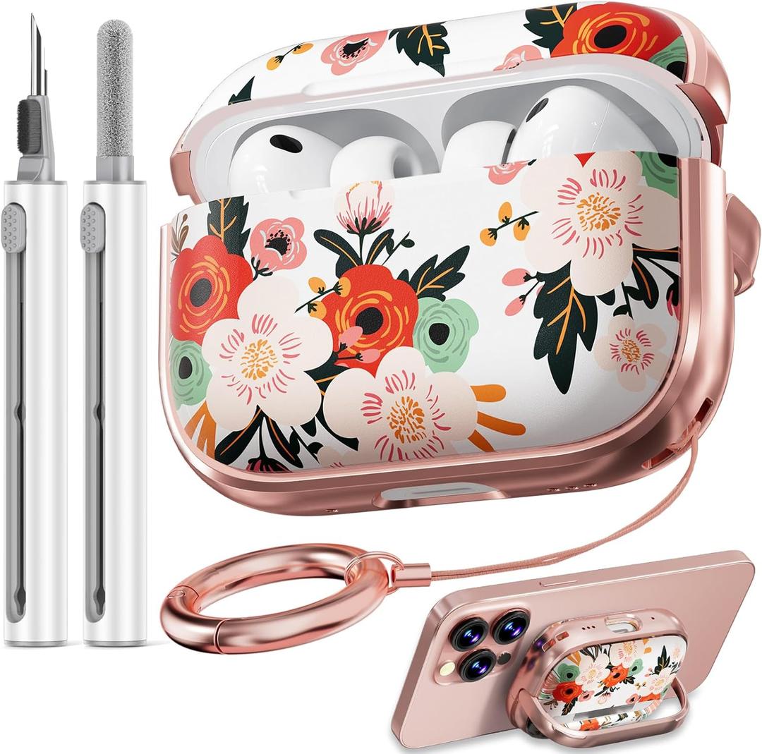 Inesore for AirPods Pro 3 Case 2025 with Lock, for Women Girly Floral Cute Case Compatible with Apple Airpods Pro 3rd Generation Cover, with Phone Stand,Keychain & Cleaner Kit - White Peony
