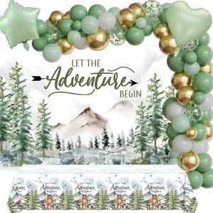 Adventure Awaits Baby Shower Decorations Let The Adventure Begin Backdrop Banner,Tablecloth,Sage Green Balloon Garland for Travel Themed Forest Mountains Woodland Animals Birthday Party Supplies Decor