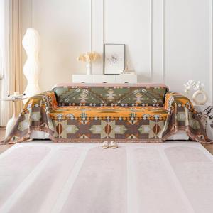 VClife Boho Sofa Covers, Sectional Couch Covers Breathable Cotton Linen Sofa Slipcover Washable Green Orange Geometry Sofa Couch Covers for L Shape Sofa - Farmhouse Sofa Covers with Tassel 71"x118" 