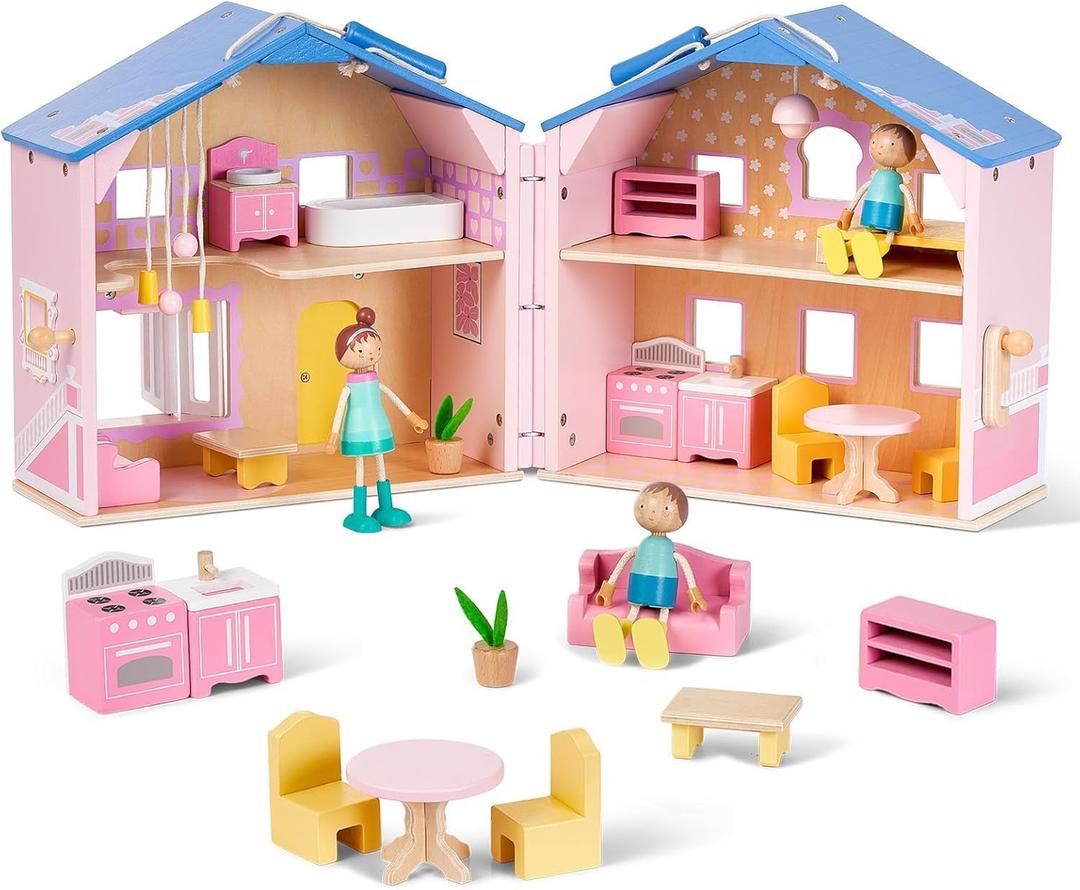 Giant bean Exquisite Pink Wooden Dollhouse for Girls with 2 Dolls and 12pcs Wooden Furniture,Foldable and Portable Pretend Play House Set with Handle, Christmas Birthday Gift for Girls Kids Age 3+