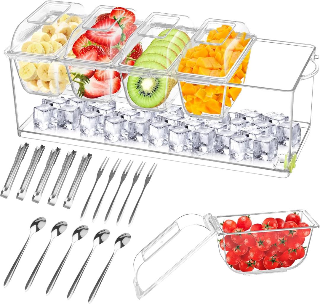 Ice Chilled Condiment Caddy with 5 Containers,Large Ice Chilled Condiment Organizer with Separate Lids, with Spoons,Forks and Clip Serving Tray Platter for Bar Accessories, Fruit, Salad, Taco, Party