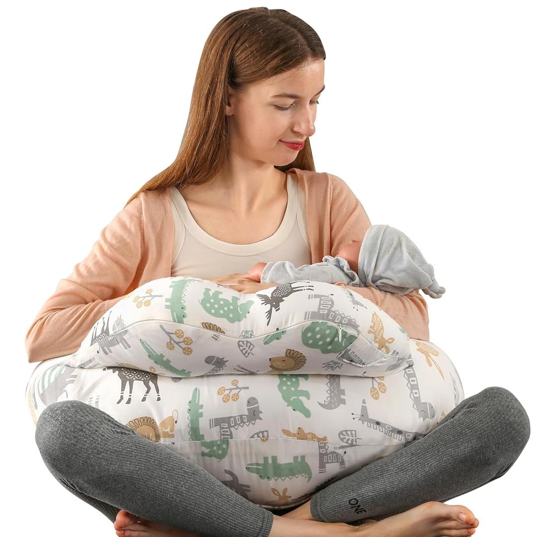 BATTOP Nursing Pillow for Breastfeeding,Bottle Feeding,Plus Size Breastfeeding Pillows with Adjustable Waist Strap Removable Cover,Extra Pillow on Top for More Support for Mom Baby (Colourful Animals)