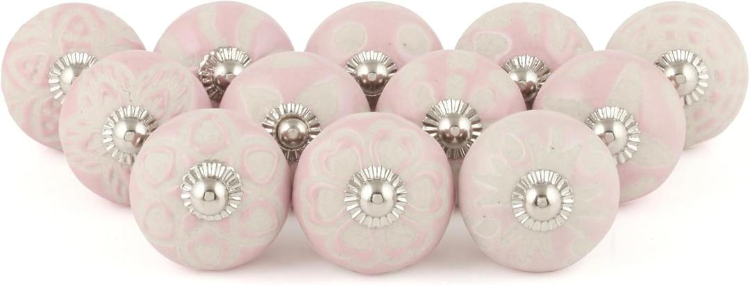 Drawer Knobs - Handmade Ceramic Dresser Pull Handle Kitchen Cabinets Countryside Farmhouse Boho Decor Furniture Hardware - Pink - Pack of 12
