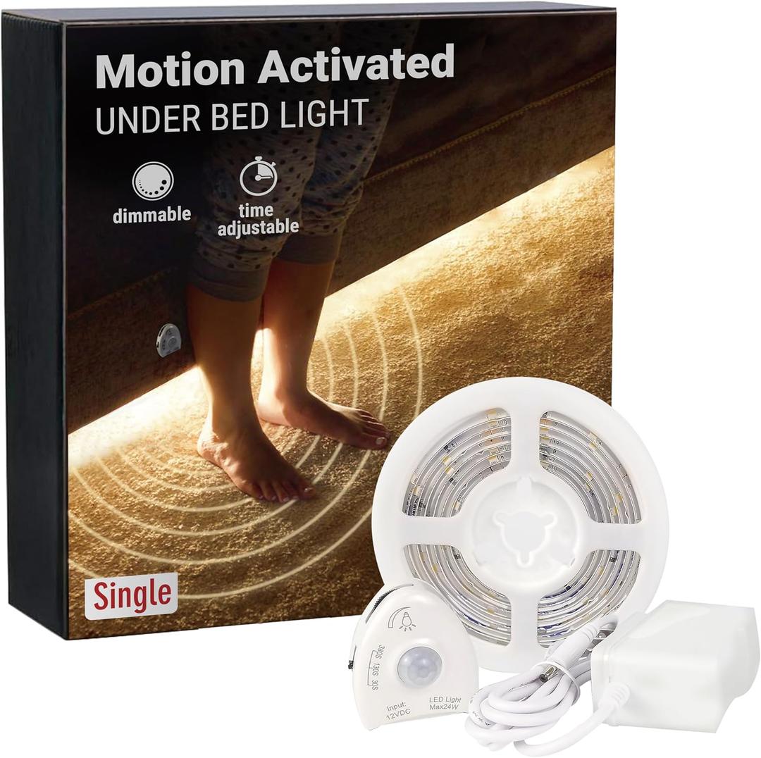 Under Bed Lights Motion Sensor, Motion Activated Bed Lighting, 12V Power Adapter, Dimmable LED Strip Night Light for Bedroom, Stairs, Crib, Cabinet, Warm White - 5FT Single Kit