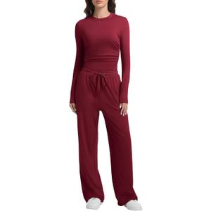 2 Piece Lounge Sets for Women Fall Outfits Long Sleeve Wide Leg Tracksuits Womens Two Pcs Casual Matching Loungewear Set (Large, Wine Red)