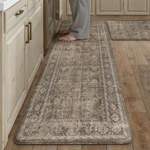 PureCozy Kitchen Mats 2PCS Anti Fatigue Cushioned Mat Brown Vintage Kitchen Mats for Floor Waterproof Non Slip Comfort Standing Distressed Rug for Sink Laundry Office 17.3"x59"+17.3"x30"