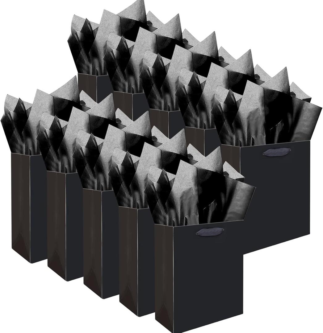 qiqee 10PCS Black Mini Gift Bags with Tissue Paper Handles 6.3"x4.7"x2.4" Small Size Present Party Favor 10pcs Bags, Tissue Paper