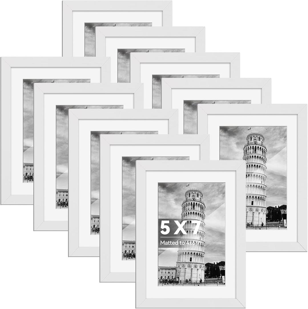 HappyHapi 5x7 Picture Frame Set of 10, White Picture Frame Display Pictures 4x6 with Mat or 5x7 Without, Tabletop or Wall Display, Multi Photo Frames Collage (White) (5x7 inch)