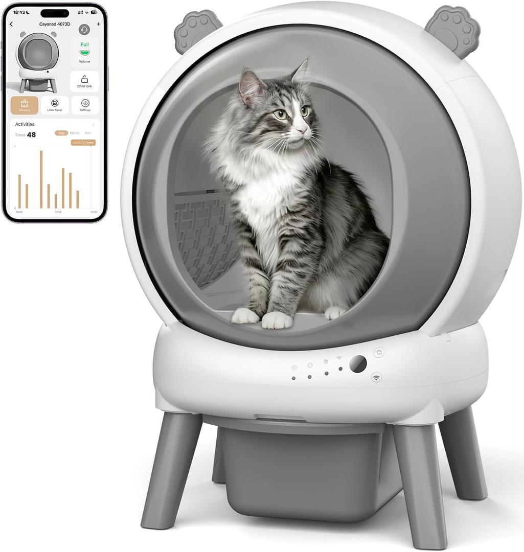 Self Cleaning Litter Box for Multiple Cats, Automatic Litter Box with APP Real-Time Monitor, Dual Safety Protection, Odor-Free Waste Disposal Includes Trash Bags, Gray