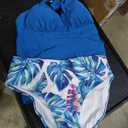 B2prity Halter Tankini Swimsuit for Women Tummy Control Two Piece Bathing Suit V Neck Swimwear with Shorts, Color Peacock Blue, Print-1
