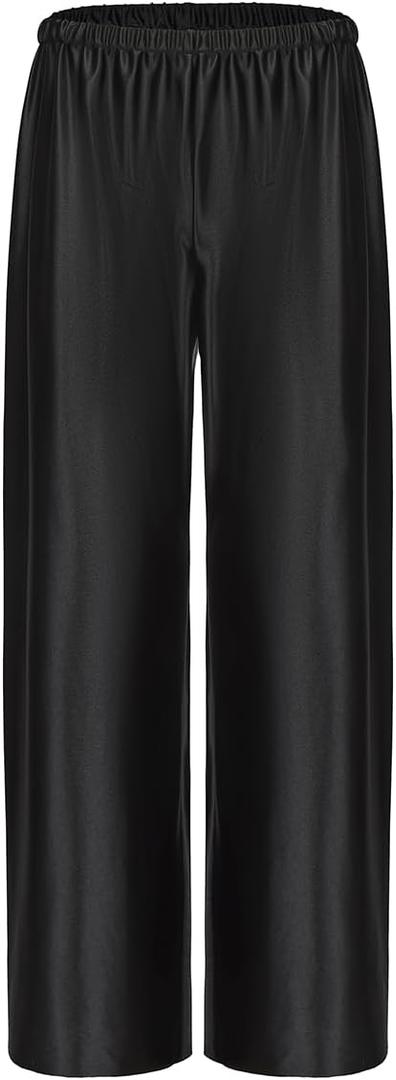 Women Satin Wide Leg Dress Pants Silk Casual Dressy Long Flowy Pants Elastic High Waisted Trousers (Medium, Black)