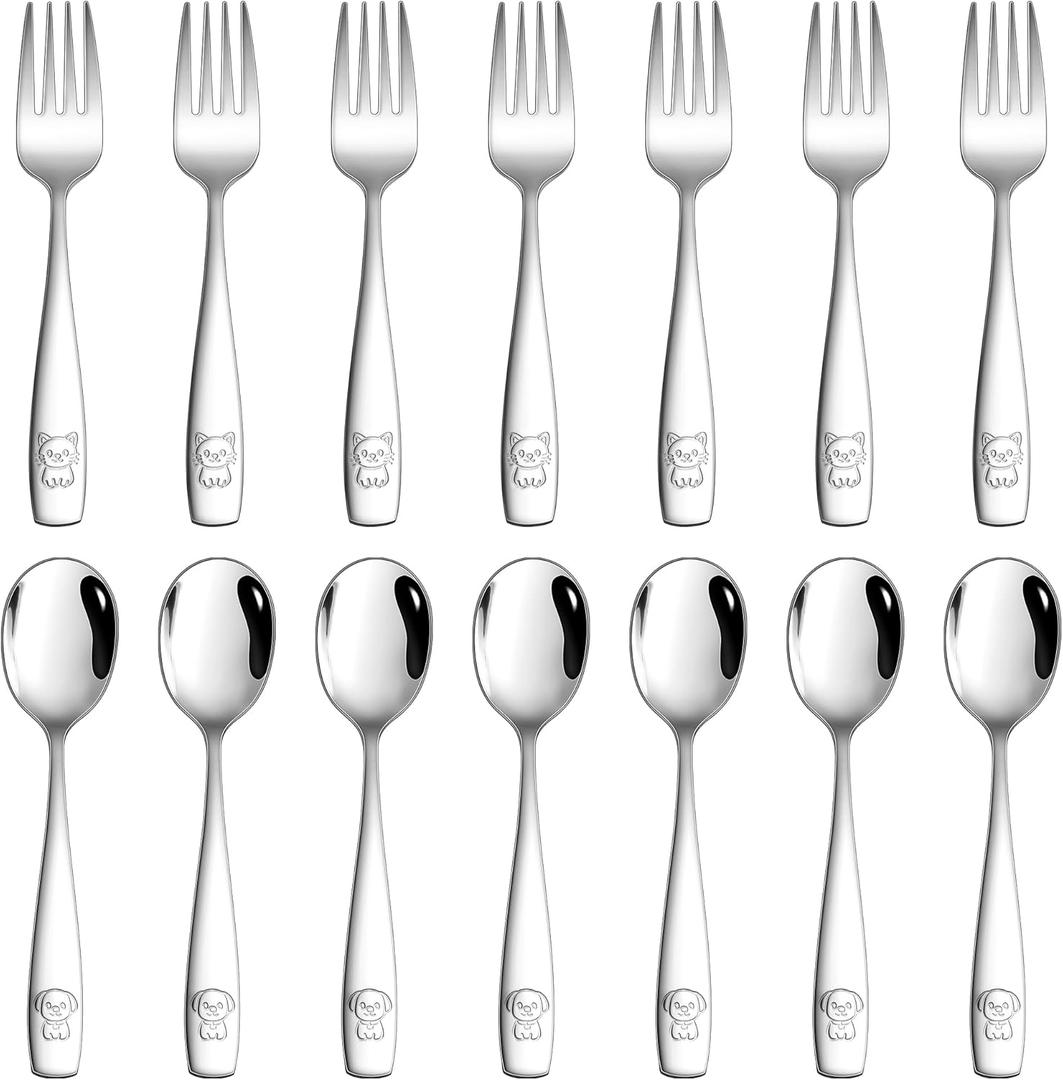 LIANYU Kids Silverware Set, 14 Pieces Stainless Steel Toddler Utensil Set with Small 7 Forks and 7 Spoons, Children Safe Flatware Cutlery for Self-Feeding, Food Grade & Cute Pattern, Dishwasher Safe