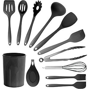 Silicone Cooking Utensils Set Utensil Sets - 446F Heat Resistant Silicone Kitchen Utensils Set Wooden Handles, Silicone Utensils for Cooking w Holder for Non-Stick Cookware BPA FREE (Black)